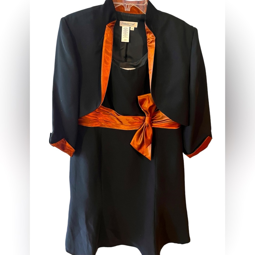 Coldwater Creek Black U-Neck Sleeveless Dress & Bolero Jacket with Rust Satin.